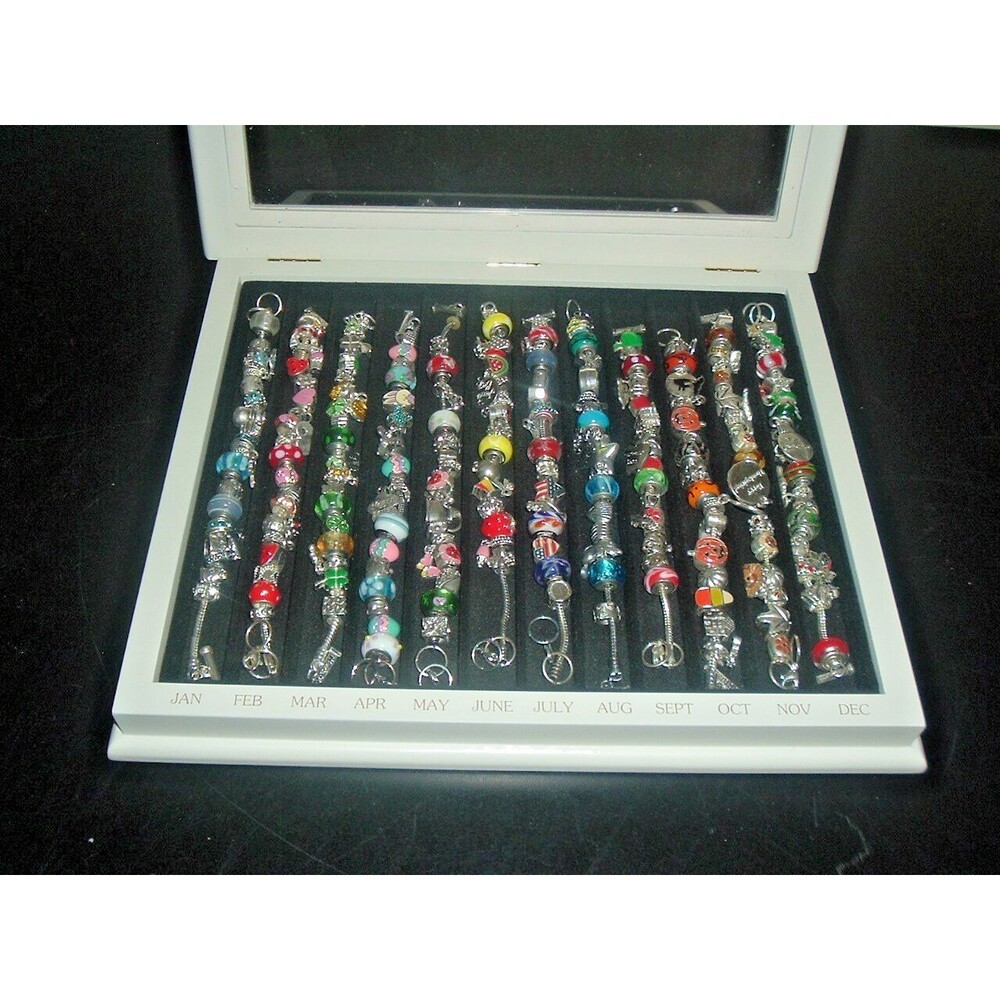 Willabee and Ward 12-Month Charm Bracelet Complete Set w/Wood Display Case